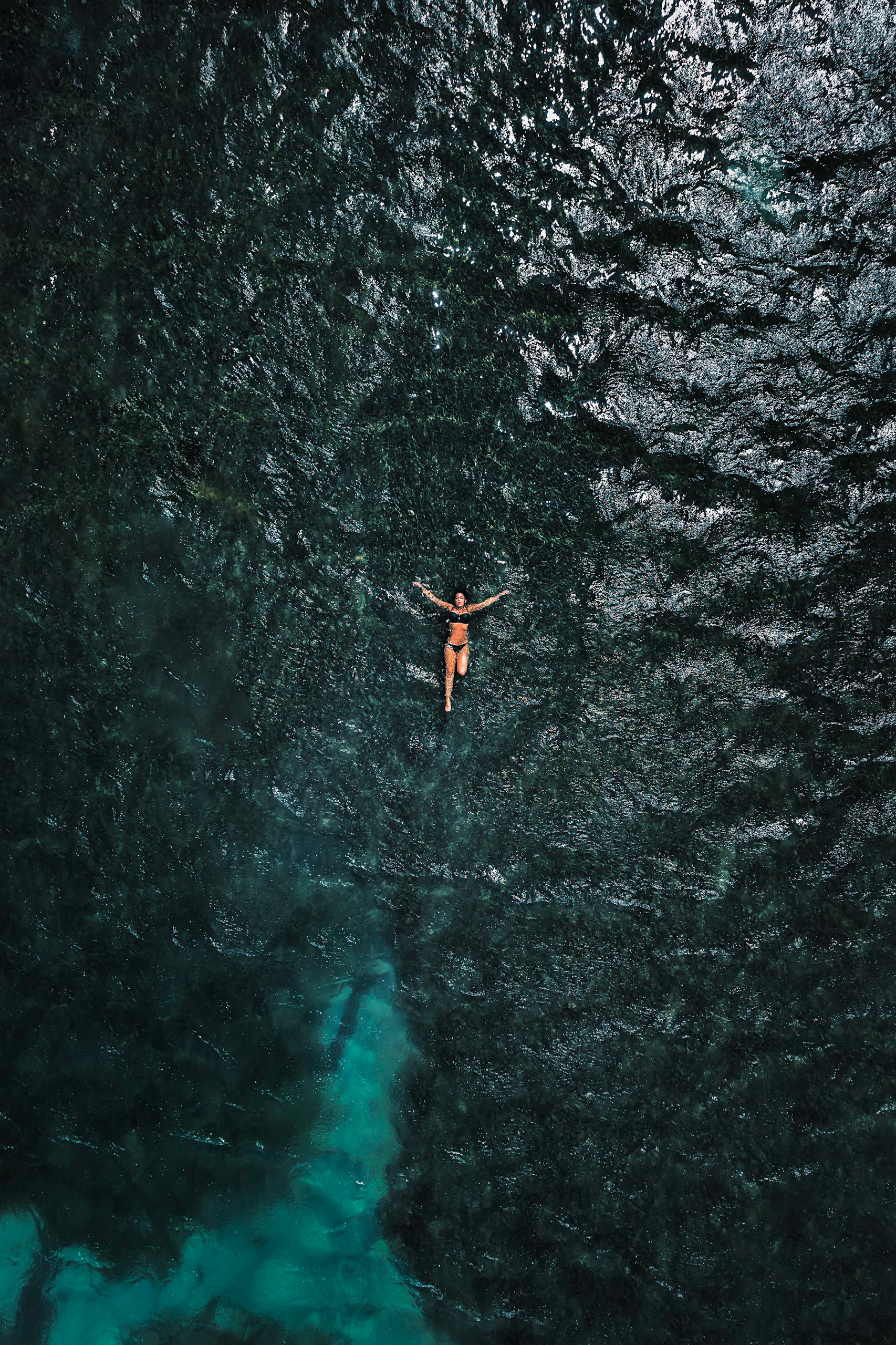 Overhead drone shot of Emily Mall floating in the ocean